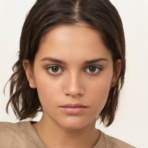 Neutral white young-adult female with medium  brown hair and brown eyes