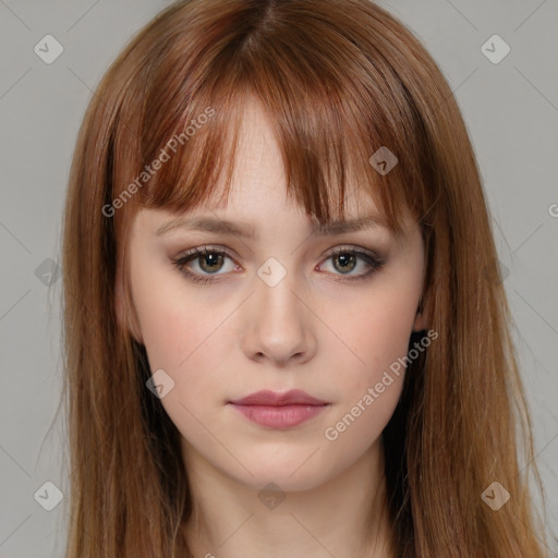 Neutral white young-adult female with long  brown hair and brown eyes