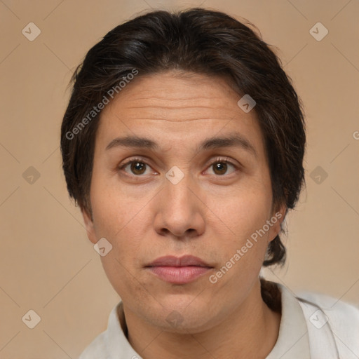 Joyful white adult female with short  brown hair and brown eyes