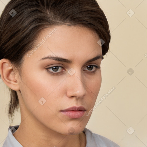 Neutral white young-adult female with medium  brown hair and brown eyes