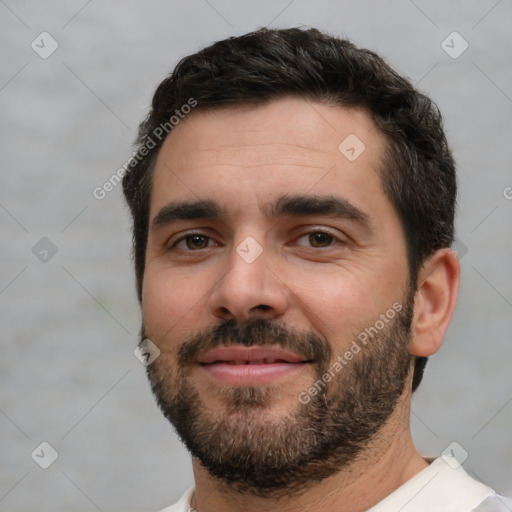 Neutral white young-adult male with short  black hair and brown eyes