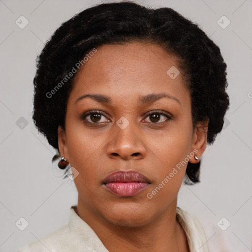 Neutral latino young-adult female with short  brown hair and brown eyes