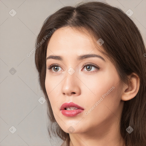 Neutral white young-adult female with medium  brown hair and brown eyes