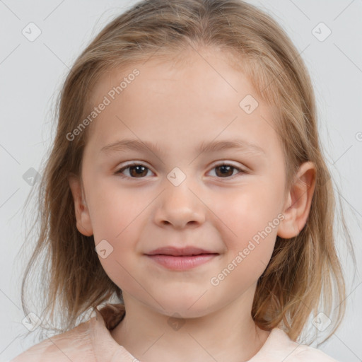 Joyful white child female with medium  brown hair and brown eyes