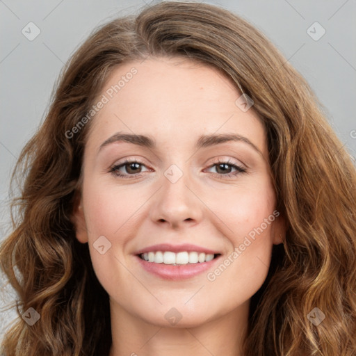 Joyful white young-adult female with long  brown hair and green eyes