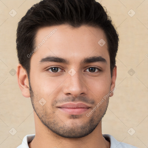 Neutral white young-adult male with short  brown hair and brown eyes