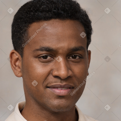 Joyful latino young-adult male with short  brown hair and brown eyes