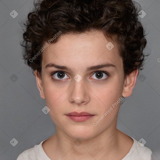 Neutral white young-adult female with short  brown hair and brown eyes