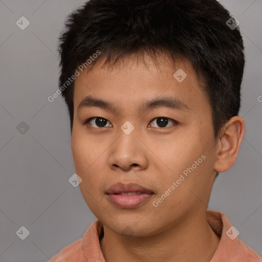 Neutral asian young-adult male with short  brown hair and brown eyes