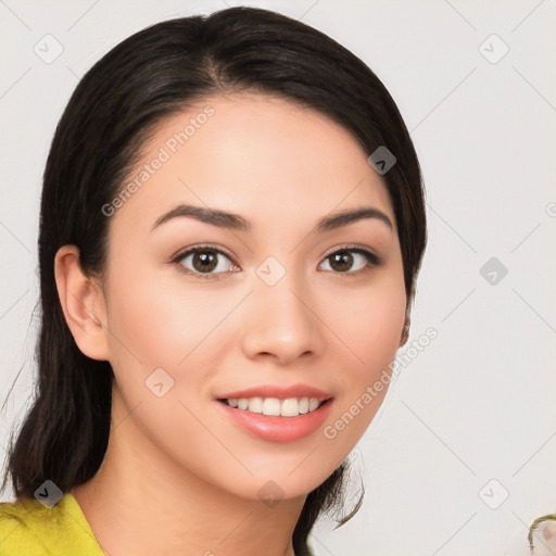 Joyful white young-adult female with medium  brown hair and brown eyes