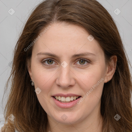 Joyful white young-adult female with long  brown hair and grey eyes