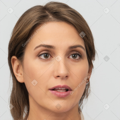 Neutral white young-adult female with medium  brown hair and brown eyes