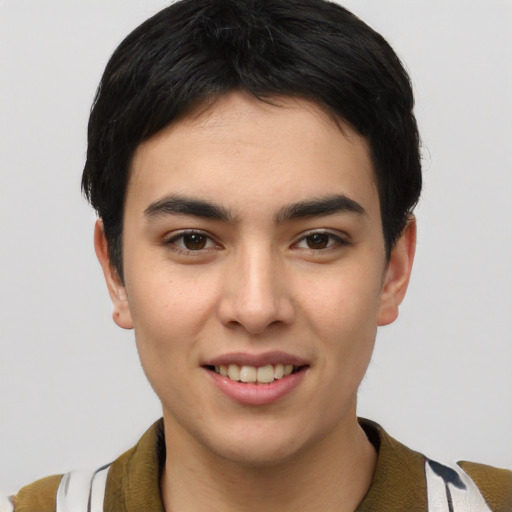 Joyful asian young-adult male with short  brown hair and brown eyes