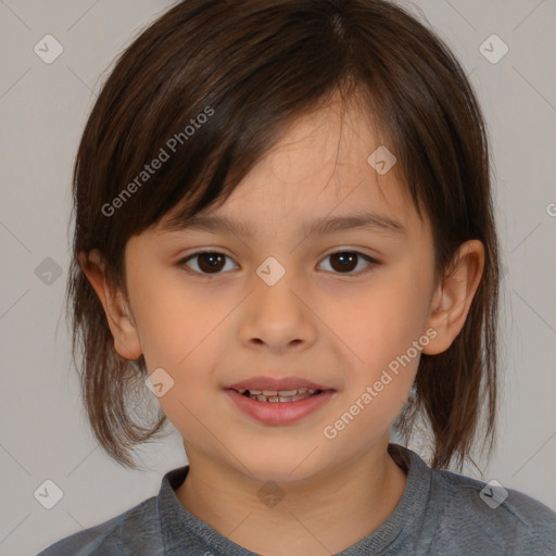 Joyful white child female with medium  brown hair and brown eyes