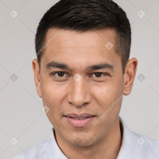 Joyful white young-adult male with short  brown hair and brown eyes