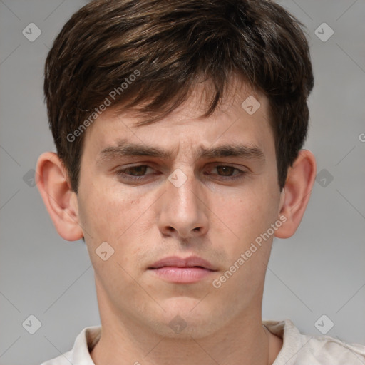 Neutral white young-adult male with short  brown hair and brown eyes