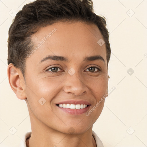 Joyful white young-adult female with short  brown hair and brown eyes