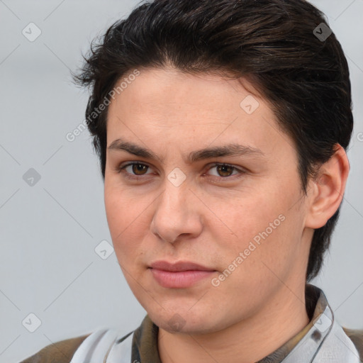 Joyful white young-adult female with short  brown hair and brown eyes