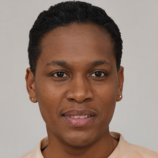 Joyful black young-adult male with short  black hair and brown eyes
