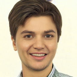 Joyful white young-adult male with short  brown hair and brown eyes