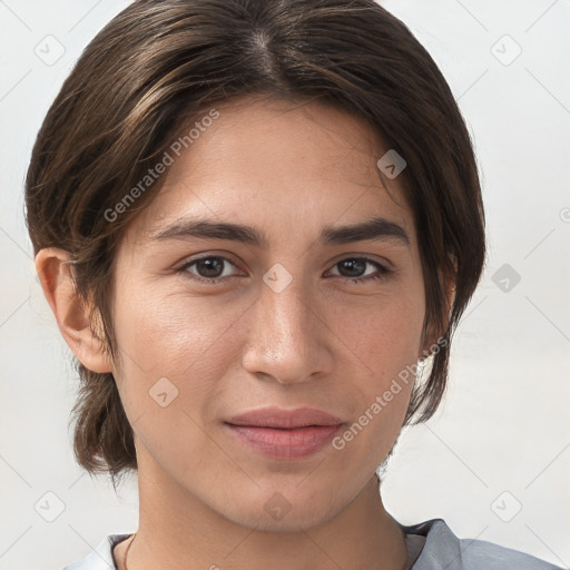 Joyful white young-adult female with medium  brown hair and grey eyes