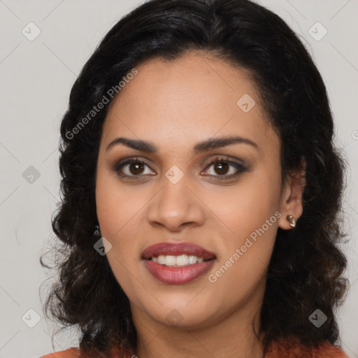 Joyful latino young-adult female with long  black hair and brown eyes