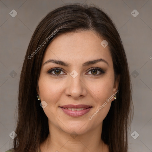 Joyful white young-adult female with long  brown hair and brown eyes