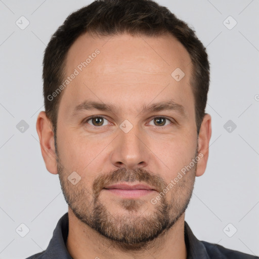 Neutral white young-adult male with short  brown hair and brown eyes