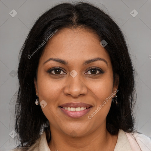 Joyful black young-adult female with medium  brown hair and brown eyes