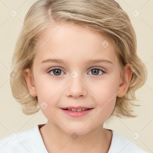 Joyful white child female with medium  brown hair and blue eyes