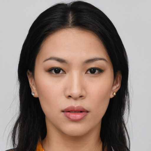 Neutral asian young-adult female with long  black hair and brown eyes