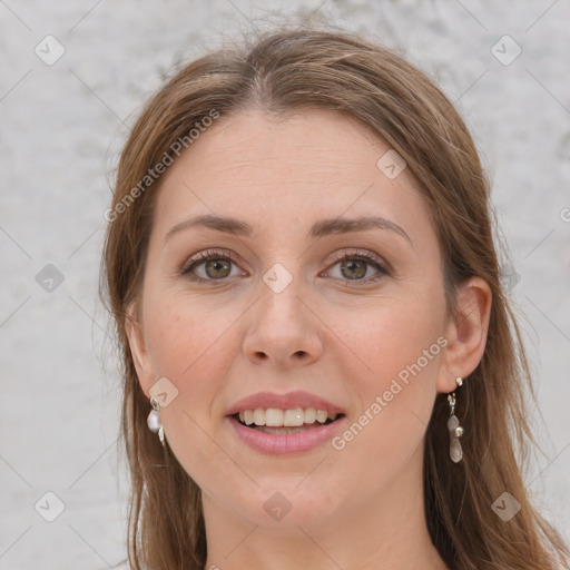 Joyful white young-adult female with long  brown hair and grey eyes