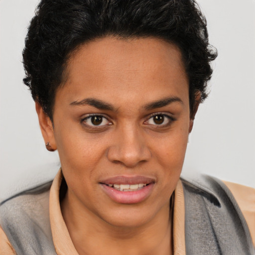 Joyful white young-adult female with short  brown hair and brown eyes