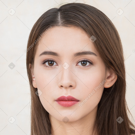 Neutral white young-adult female with long  brown hair and brown eyes