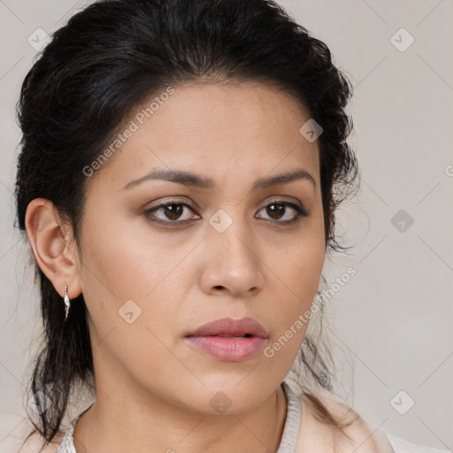 Neutral white young-adult female with medium  brown hair and brown eyes