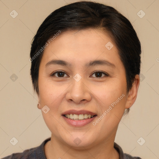 Joyful white young-adult female with short  brown hair and brown eyes