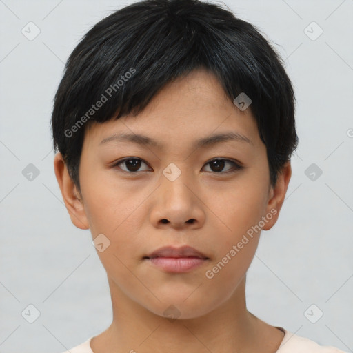 Neutral asian young-adult female with short  black hair and brown eyes