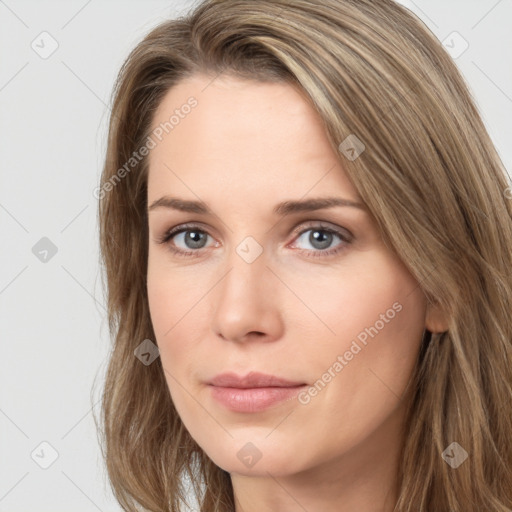 Neutral white young-adult female with long  brown hair and brown eyes