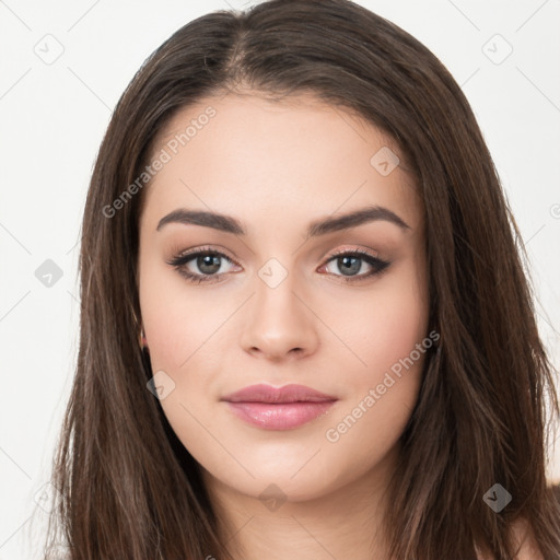 Neutral white young-adult female with long  brown hair and brown eyes