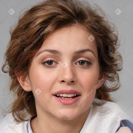 Joyful white young-adult female with medium  brown hair and blue eyes