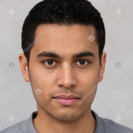 Neutral latino young-adult male with short  black hair and brown eyes