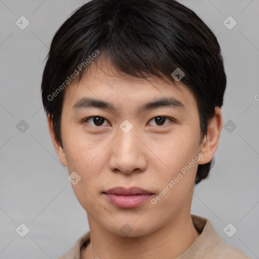 Neutral asian young-adult male with short  brown hair and brown eyes