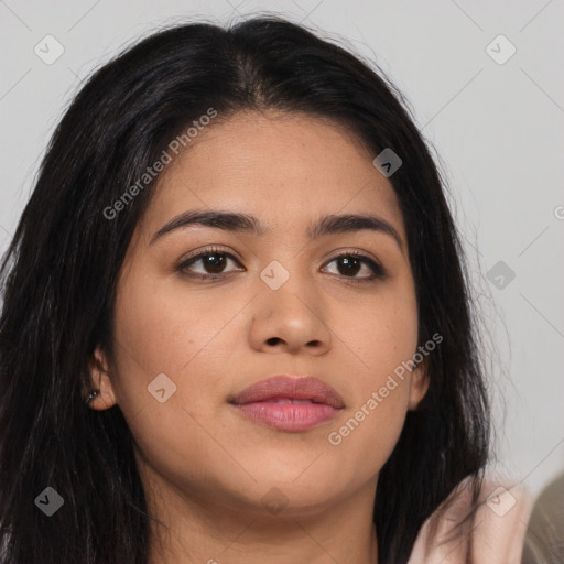 Joyful asian young-adult female with long  brown hair and brown eyes