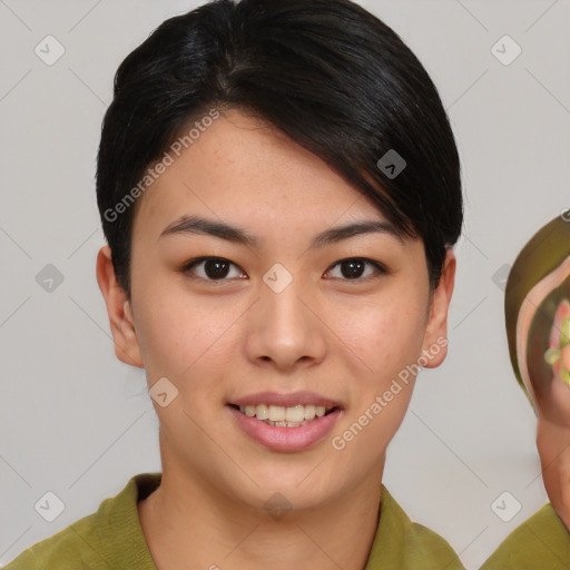 Joyful asian young-adult female with short  brown hair and brown eyes