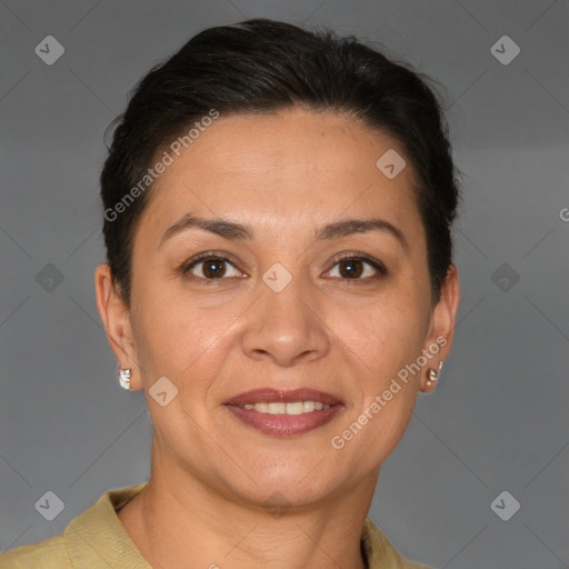 Joyful white adult female with short  brown hair and brown eyes