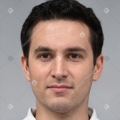 Joyful white young-adult male with short  brown hair and brown eyes