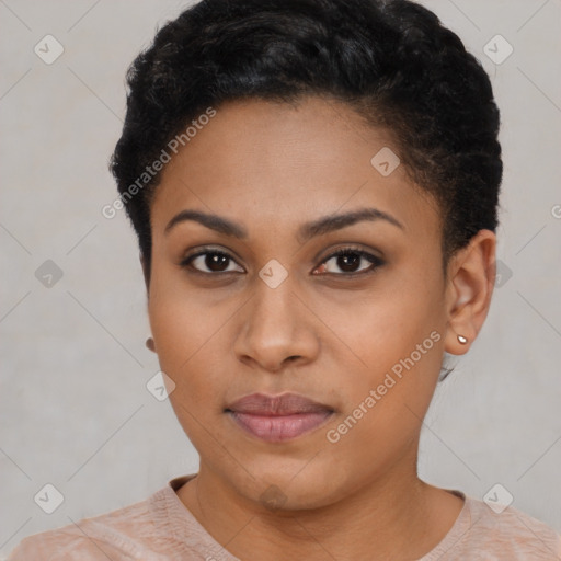 Neutral black young-adult female with short  brown hair and brown eyes