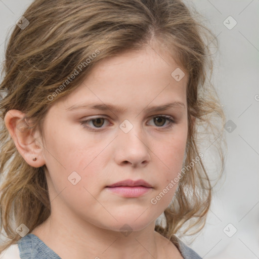 Neutral white child female with medium  brown hair and grey eyes