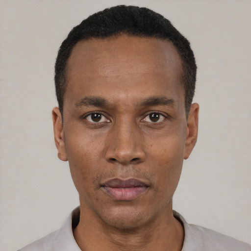 Neutral black adult male with short  black hair and brown eyes