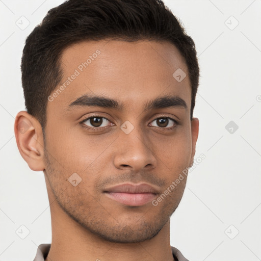 Neutral white young-adult male with short  brown hair and brown eyes